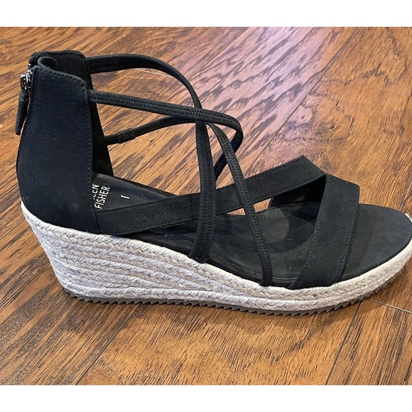 Eileen Fisher Wanda Tumbled Nubuck Espadrille Sandals in Black Size 9 - Picture 1 of 12